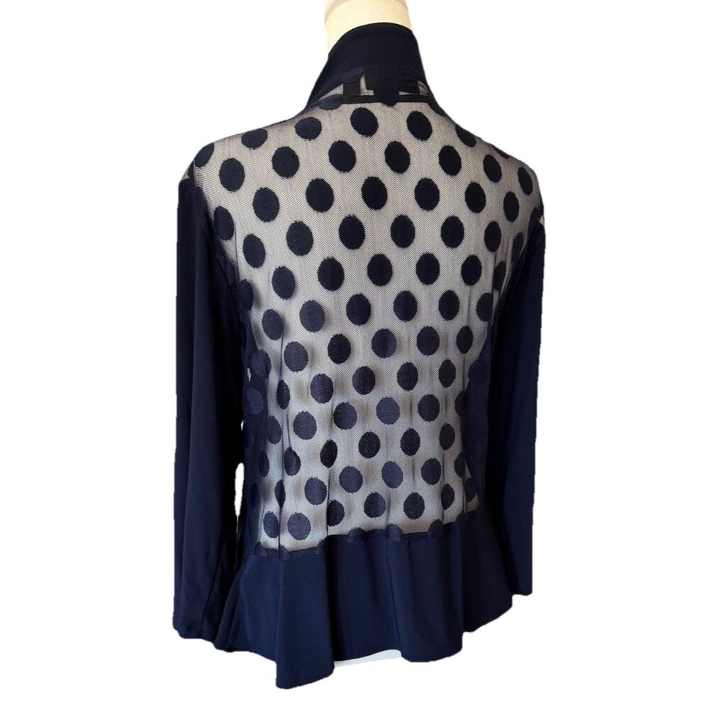 Nina Leonard Open Front Waterfall Jacket XL Navy Sheer Polka Dot Back Dressy MOB